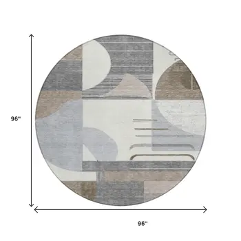 8' Taupe Gray And Ivory Round Geometric Washable Indoor Outdoor Area Rug