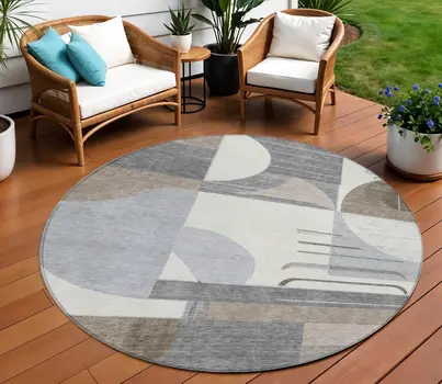 8' Taupe Gray And Ivory Round Geometric Washable Indoor Outdoor Area Rug