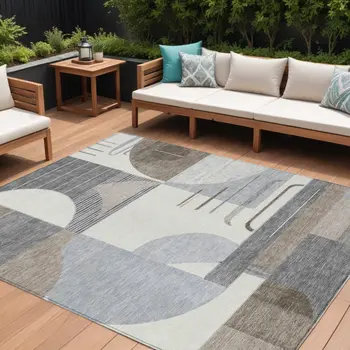 9' X 12' Taupe Gray And Ivory Geometric Washable Indoor Outdoor Area Rug