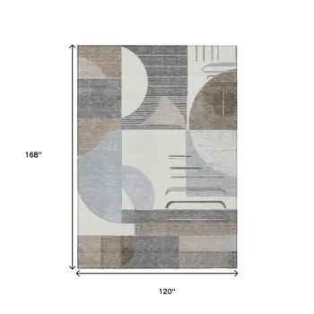 10' X 14' Taupe Gray And Ivory Geometric Washable Indoor Outdoor Area Rug