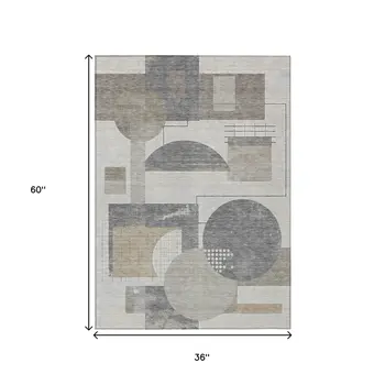 3' X 5' Beige Gray And Silver Geometric Washable Indoor Outdoor Area Rug