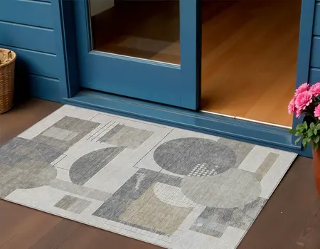 3' X 5' Beige Gray And Silver Geometric Washable Indoor Outdoor Area Rug
