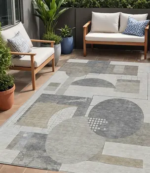 5' X 8' Beige Gray And Silver Geometric Washable Indoor Outdoor Area Rug