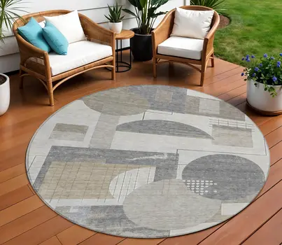 8' Beige Gray And Silver Round Geometric Washable Indoor Outdoor Area Rug