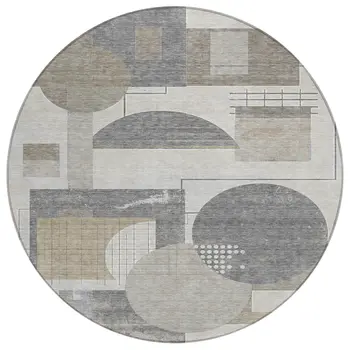 8' Beige Gray And Silver Round Geometric Washable Indoor Outdoor Area Rug