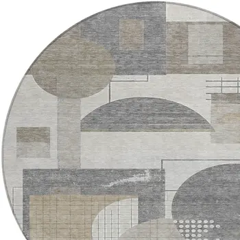 8' Beige Gray And Silver Round Geometric Washable Indoor Outdoor Area Rug