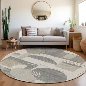 8' Beige Gray And Silver Round Geometric Washable Indoor Outdoor Area Rug