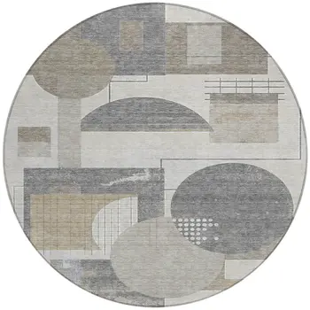 8' Beige Gray And Silver Round Geometric Washable Indoor Outdoor Area Rug
