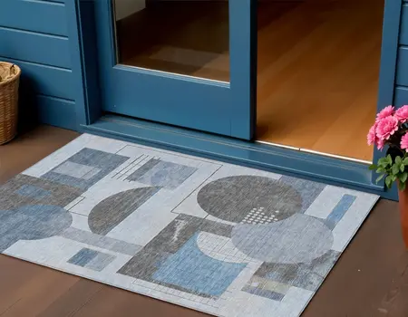 3' X 5' Blue And Gray Geometric Washable Indoor Outdoor Area Rug