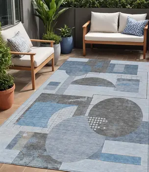 5' X 8' Blue And Gray Geometric Washable Indoor Outdoor Area Rug