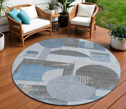 8' Blue And Gray Round Geometric Washable Indoor Outdoor Area Rug