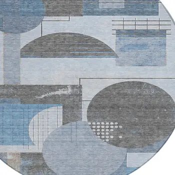 8' Blue And Gray Round Geometric Washable Indoor Outdoor Area Rug