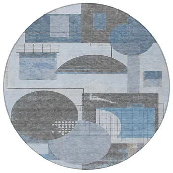 8' Blue And Gray Round Geometric Washable Indoor Outdoor Area Rug