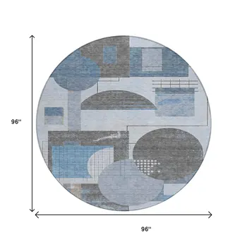 8' Blue And Gray Round Geometric Washable Indoor Outdoor Area Rug