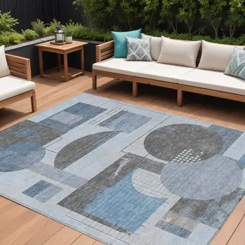 8' X 10' Blue And Gray Geometric Washable Indoor Outdoor Area Rug