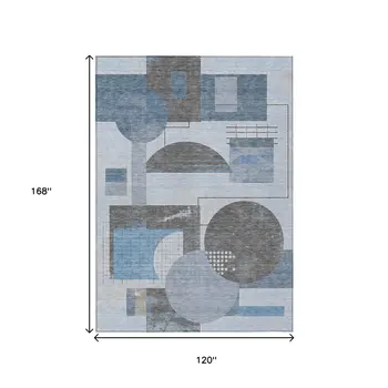 10' X 14' Blue And Gray Geometric Washable Indoor Outdoor Area Rug