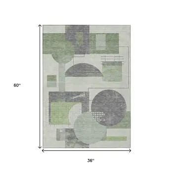3' X 5' Green Gray And Ivory Geometric Washable Indoor Outdoor Area Rug