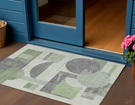 3' X 5' Green Gray And Ivory Geometric Washable Indoor Outdoor Area Rug
