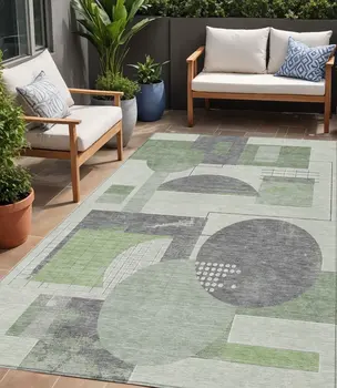 5' X 8' Green Gray And Ivory Geometric Washable Indoor Outdoor Area Rug
