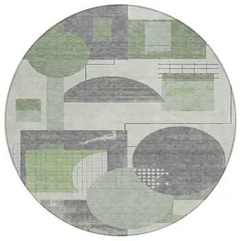 8' Green Gray And Ivory Round Geometric Washable Indoor Outdoor Area Rug