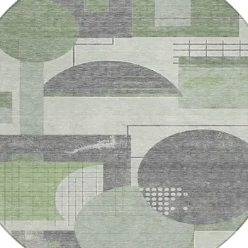 8' Green Gray And Ivory Round Geometric Washable Indoor Outdoor Area Rug