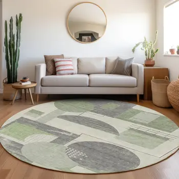 8' Green Gray And Ivory Round Geometric Washable Indoor Outdoor Area Rug
