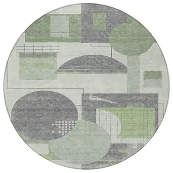 8' Green Gray And Ivory Round Geometric Washable Indoor Outdoor Area Rug