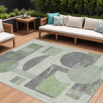 8' X 10' Green Gray And Ivory Geometric Washable Indoor Outdoor Area Rug