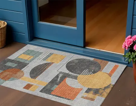 3' X 5' Gray Gold And Orange Geometric Washable Indoor Outdoor Area Rug