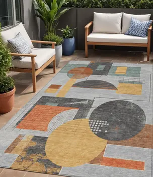 5' X 8' Gray Gold And Orange Geometric Washable Indoor Outdoor Area Rug