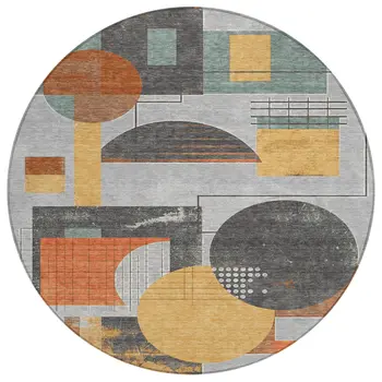 8' Gray Gold And Orange Round Geometric Washable Indoor Outdoor Area Rug
