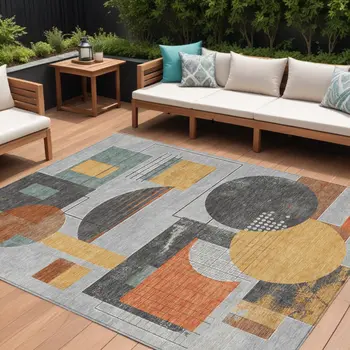 9' X 12' Gray Gold And Orange Geometric Washable Indoor Outdoor Area Rug