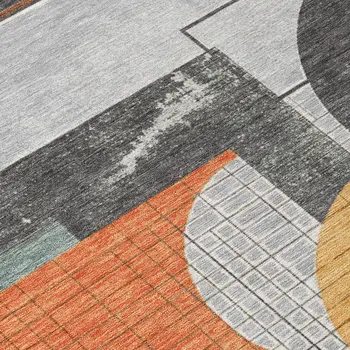 9' X 12' Gray Gold And Orange Geometric Washable Indoor Outdoor Area Rug