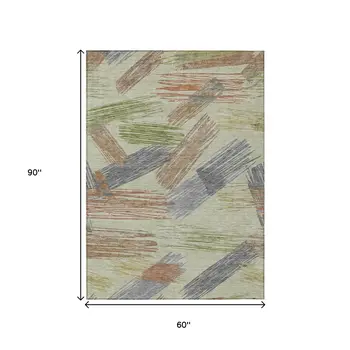 5' X 8' Artichoke Green Copper And Gray Striped Washable Indoor Outdoor Area Rug