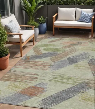 5' X 8' Artichoke Green Copper And Gray Striped Washable Indoor Outdoor Area Rug