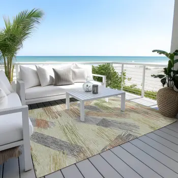 5' X 8' Artichoke Green Copper And Gray Striped Washable Indoor Outdoor Area Rug