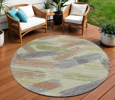 8' Artichoke Green Copper And Gray Round Striped Washable Indoor Outdoor Area Rug