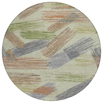 8' Artichoke Green Copper And Gray Round Striped Washable Indoor Outdoor Area Rug