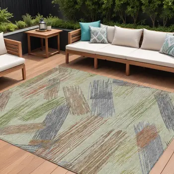 9' X 12' Artichoke Green Copper And Gray Striped Washable Indoor Outdoor Area Rug