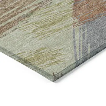 9' X 12' Artichoke Green Copper And Gray Striped Washable Indoor Outdoor Area Rug