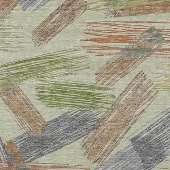 9' X 12' Artichoke Green Copper And Gray Striped Washable Indoor Outdoor Area Rug