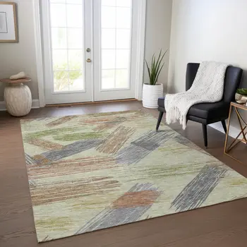 9' X 12' Artichoke Green Copper And Gray Striped Washable Indoor Outdoor Area Rug