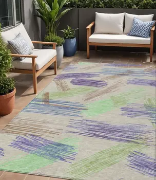 5' X 8' Beige Purple And Taupe Striped Washable Indoor Outdoor Area Rug