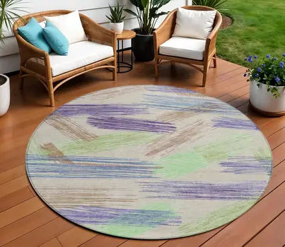 8' Beige Purple And Taupe Round Striped Washable Indoor Outdoor Area Rug