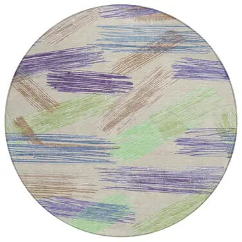 8' Beige Purple And Taupe Round Striped Washable Indoor Outdoor Area Rug