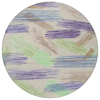 8' Beige Purple And Taupe Round Striped Washable Indoor Outdoor Area Rug