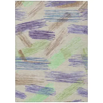 9' X 12' Beige Purple And Taupe Striped Washable Indoor Outdoor Area Rug