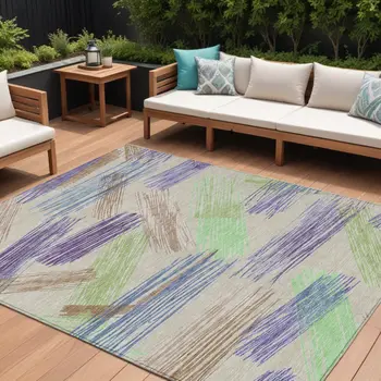 10' X 14' Beige Purple And Taupe Striped Washable Indoor Outdoor Area Rug