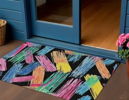 3' X 5' Black Pink Yellow Orange And Blue Striped Washable Indoor Outdoor Area Rug
