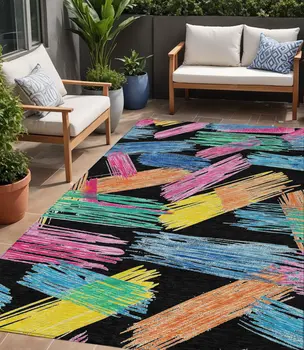 5' X 8' Black Pink Yellow Orange And Blue Striped Washable Indoor Outdoor Area Rug